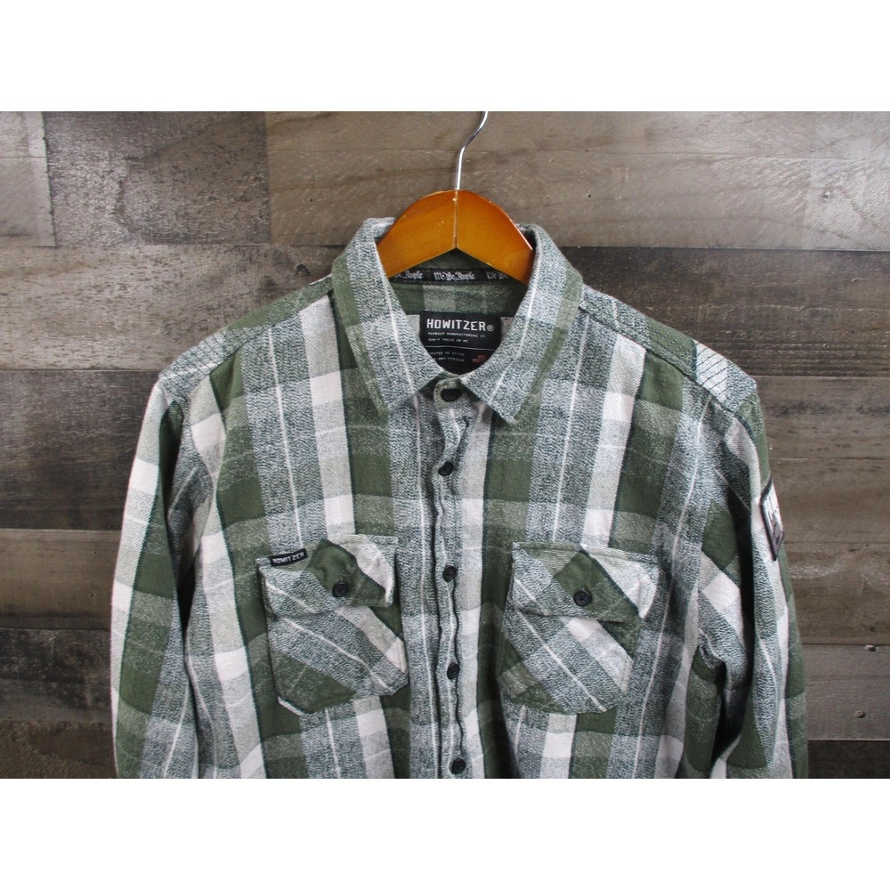 Howitzer Shirt Mens Large Green White Plaid Flannel Long Sleeve Patriot Patch